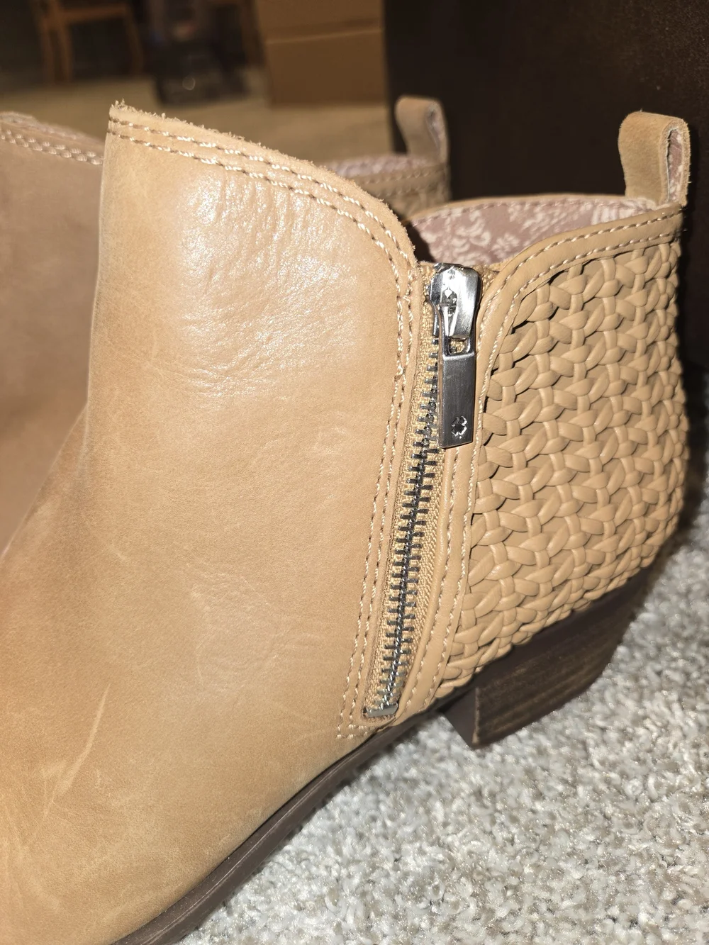 Lucky Brand Basel Tan Leather Ankle Bootie Side Zip US 10M Boho Minimalist